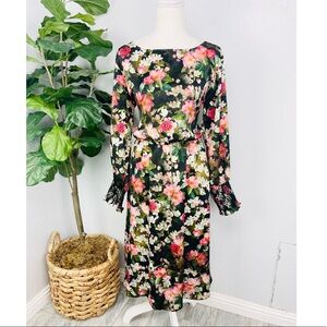 JayGodFrey Black Sheer Floral Smocked Sleeve Smocked Chiffon Style Dress